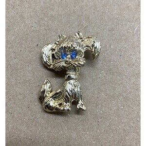Gold ToneRhinestone Puppy Dog With Blue Eyes Pin brooch Jewelry 1 1/8 inches